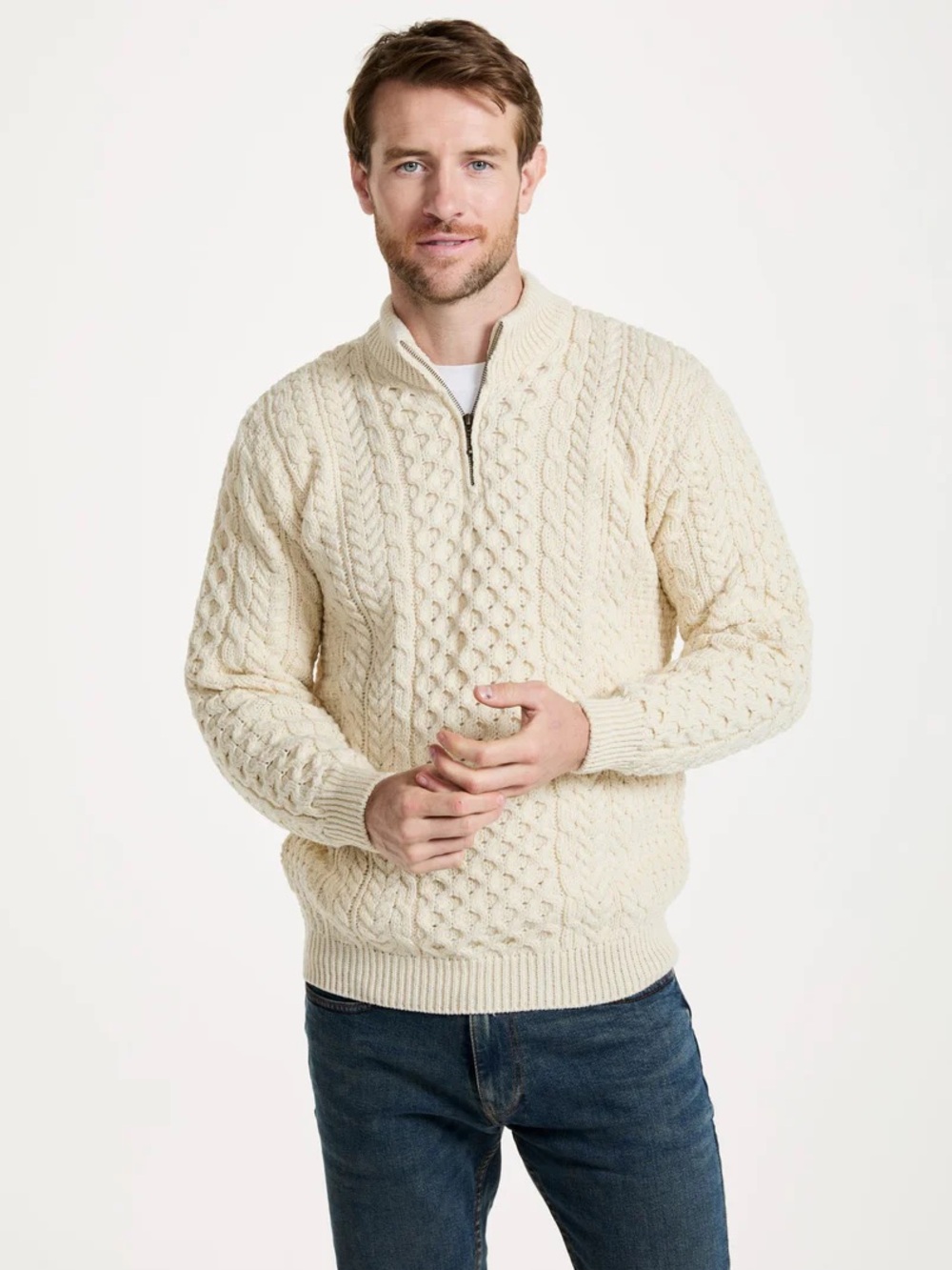 Aran Woollen Mills Ballycroy Mens Merino Aran Half Zip Sweater Cream Mens Sz S
